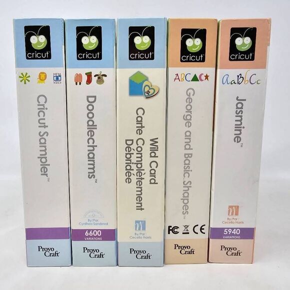 CRICUT CARTRIDGE LOT 5 SHAPES FONTS JASMINE GEORGE DOODLE WILD SAMPLER COMPLETE - Picture 2 of 3